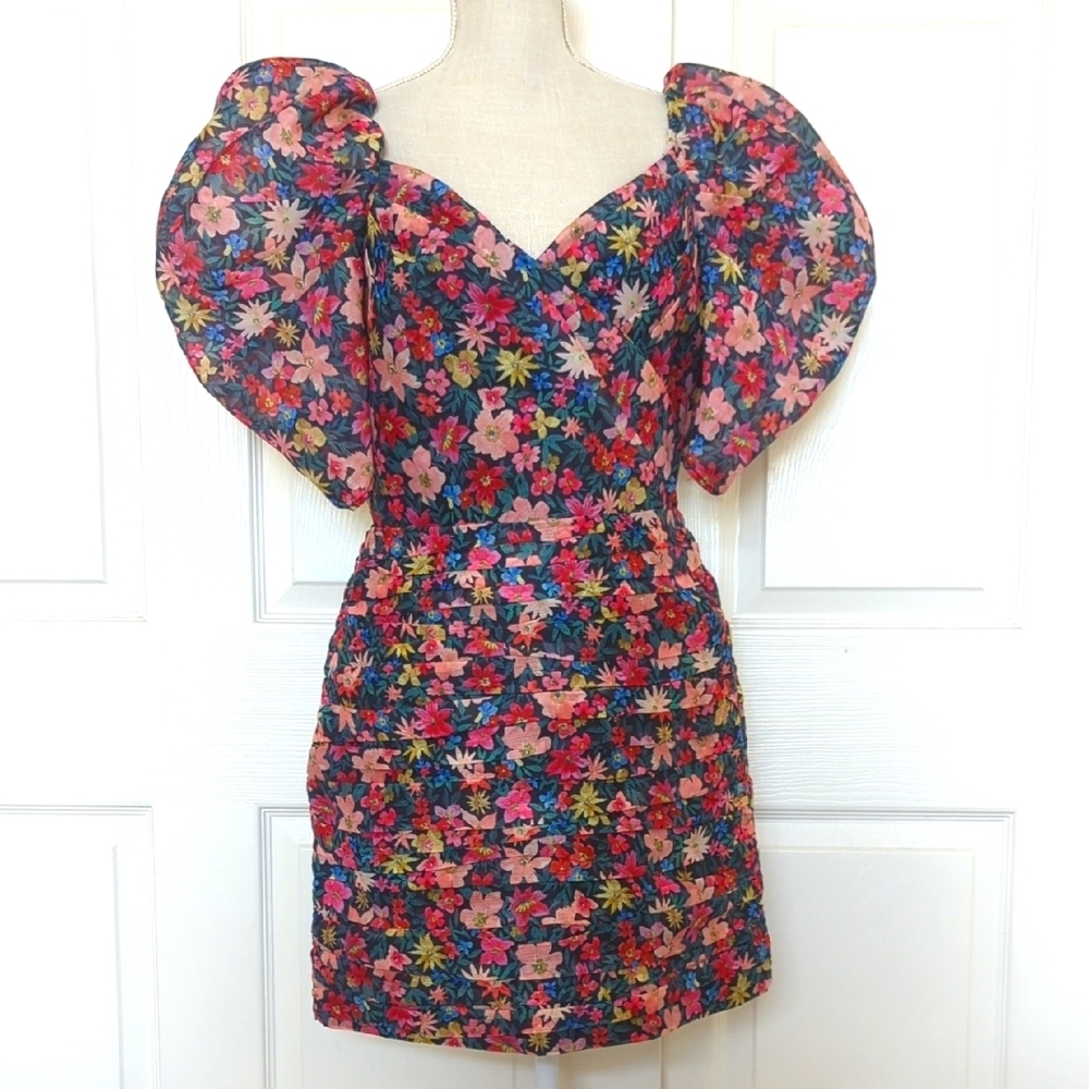 C/MEO Collective Red Pink Sheath Mini Dress Sweetheart Puff Sleeves - Picture 4 of 10
